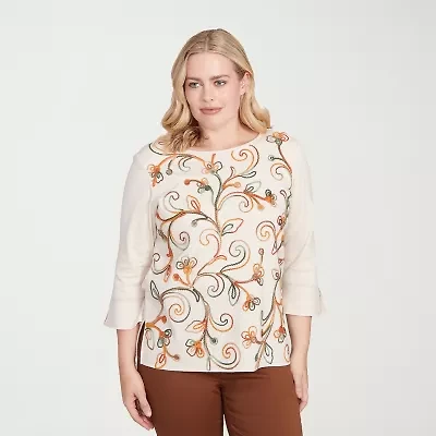 Alfred Dunner Mount Laurel Womens Crew Neck 3/4 Sleeve T-Shirt