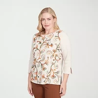 Alfred Dunner Mount Laurel Womens Crew Neck 3/4 Sleeve T-Shirt