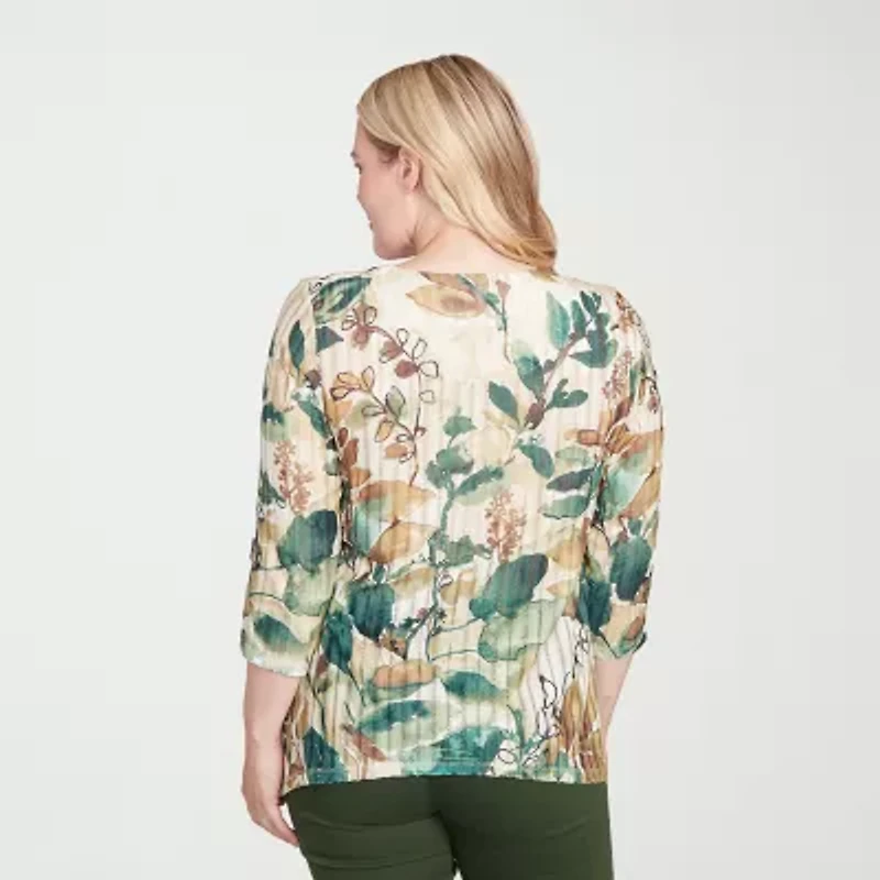 Alfred Dunner Mount Laurel Womens Crew Neck 3/4 Sleeve T-Shirt