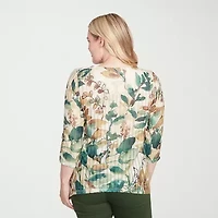 Alfred Dunner Mount Laurel Womens Crew Neck 3/4 Sleeve T-Shirt
