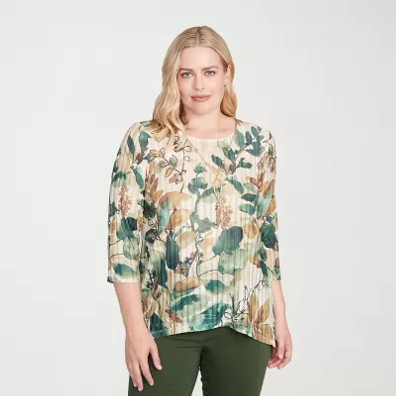 Alfred Dunner Mount Laurel Womens Crew Neck 3/4 Sleeve T-Shirt