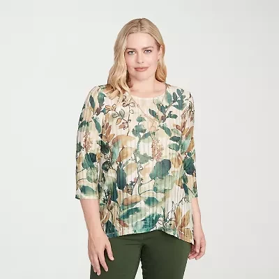 Alfred Dunner Mount Laurel Womens Crew Neck 3/4 Sleeve T-Shirt