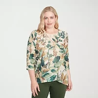 Alfred Dunner Mount Laurel Womens Crew Neck 3/4 Sleeve T-Shirt