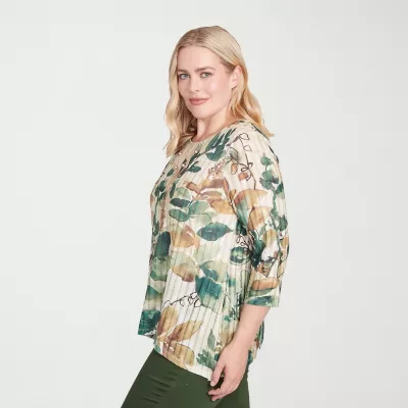 Alfred Dunner Mount Laurel Womens Crew Neck 3/4 Sleeve T-Shirt