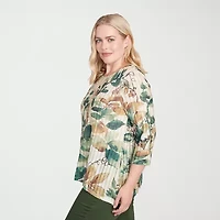 Alfred Dunner Mount Laurel Womens Crew Neck 3/4 Sleeve T-Shirt