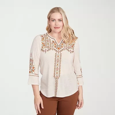 Alfred Dunner Mount Laurel Womens Split Crew Neck 3/4 Sleeve T-Shirt