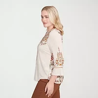 Alfred Dunner Mount Laurel Womens Split Crew Neck 3/4 Sleeve T-Shirt