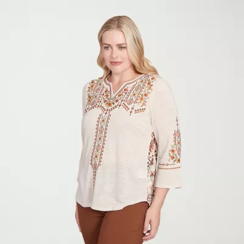 Alfred Dunner Mount Laurel Womens Split Crew Neck 3/4 Sleeve T-Shirt