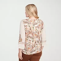 Alfred Dunner Mount Laurel Womens V Neck 3/4 Sleeve T-Shirt