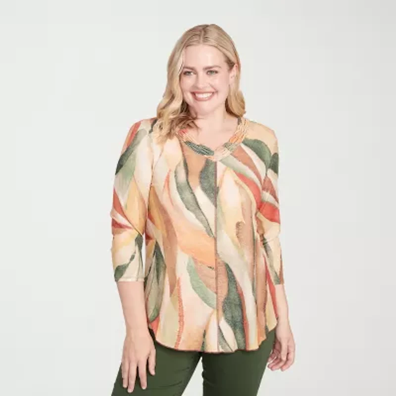 Alfred Dunner Mount Laurel Womens V Neck 3/4 Sleeve T-Shirt