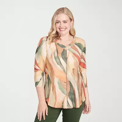Alfred Dunner Mount Laurel Womens V Neck 3/4 Sleeve T-Shirt