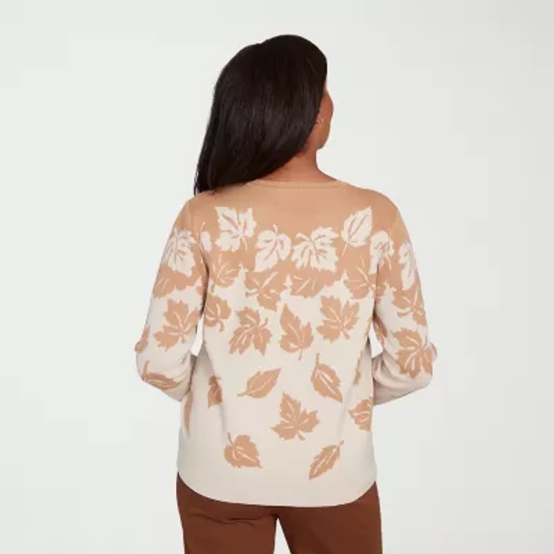 Alfred Dunner Mount Laurel Womens Crew Neck 3/4 Sleeve Leaf Pullover Sweater