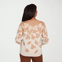 Alfred Dunner Mount Laurel Womens Crew Neck 3/4 Sleeve Leaf Pullover Sweater