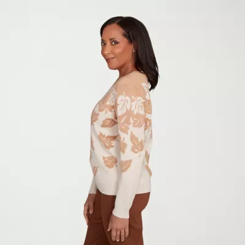 Alfred Dunner Mount Laurel Womens Crew Neck 3/4 Sleeve Leaf Pullover Sweater