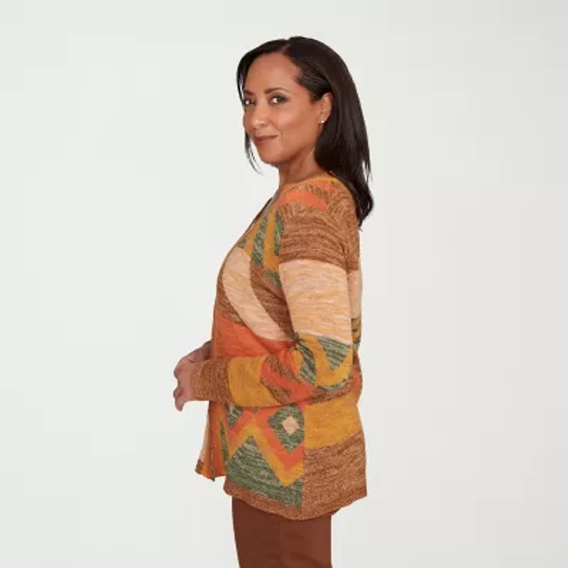 Alfred Dunner Mount Laurel Womens Long Sleeve Open Front Patchwork Cardigan