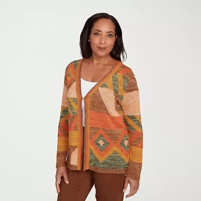 Alfred Dunner Mount Laurel Womens Long Sleeve Open Front Patchwork Cardigan