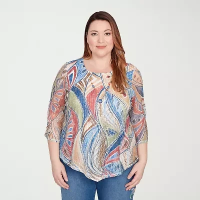 Alfred Dunner El Paso Womens Crew Neck 3/4 Sleeve Plus T-Shirt