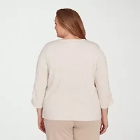 Alfred Dunner Urban Legend Womens Split Crew Neck 3/4 Sleeve Plus T-Shirt