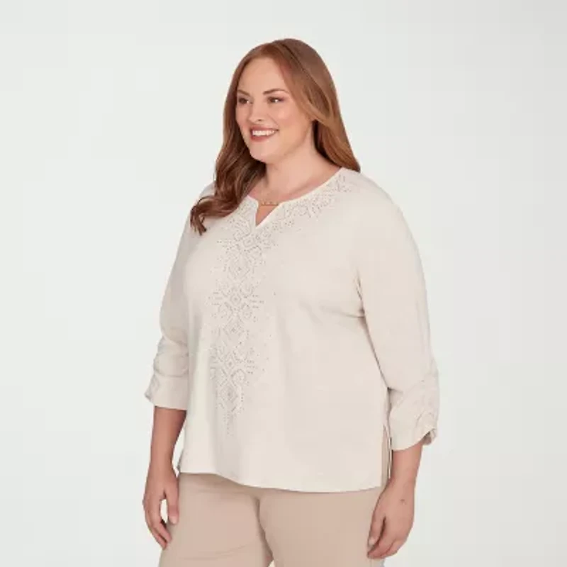 Alfred Dunner Urban Legend Womens Split Crew Neck 3/4 Sleeve Plus T-Shirt