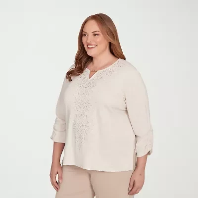 Alfred Dunner Urban Legend Womens Split Crew Neck 3/4 Sleeve Plus T-Shirt