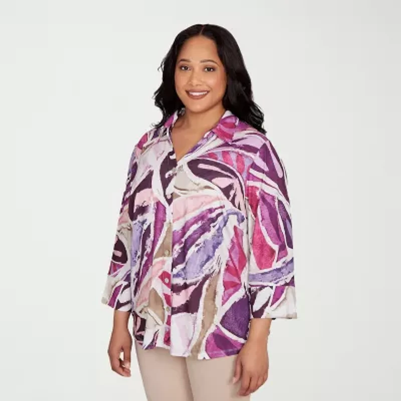 Alfred Dunner Urban Legend Womens 3/4 Sleeve Plus Button-Down Shirt