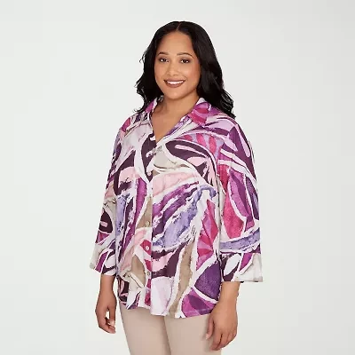 Alfred Dunner Urban Legend Womens 3/4 Sleeve Plus Button-Down Shirt