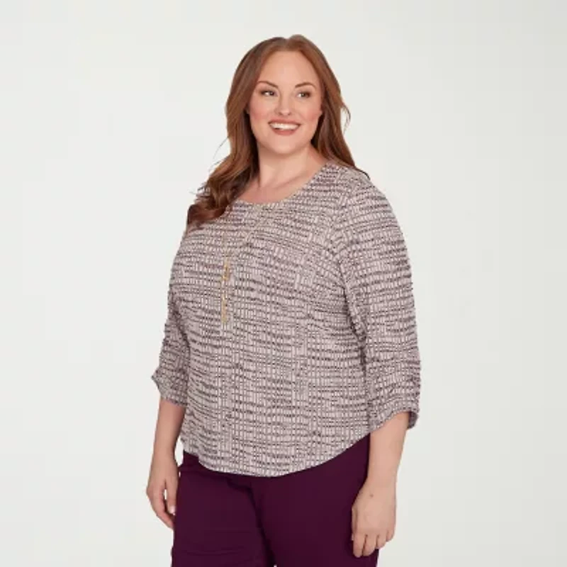 Alfred Dunner Urban Legend Womens Crew Neck 3/4 Sleeve Plus T-Shirt