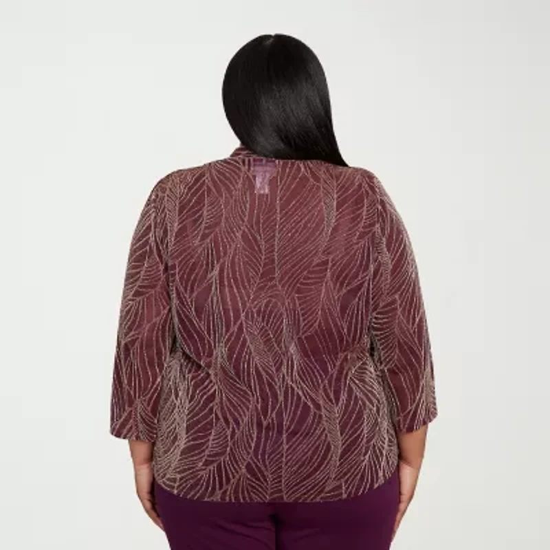 Alfred Dunner Urban Legend Womens Round Neck 3/4 Sleeve Plus Layered Top