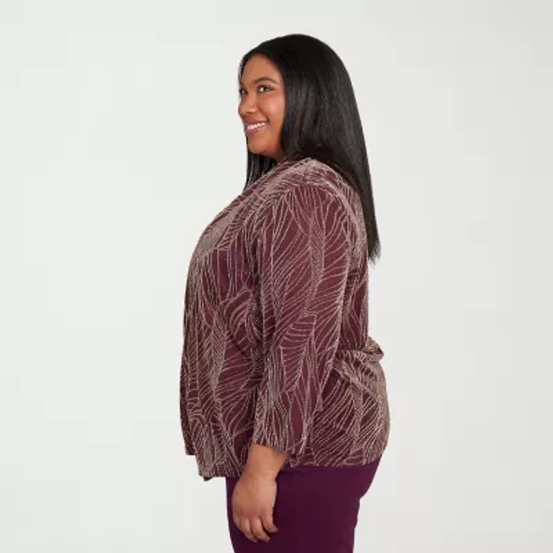 Alfred Dunner Urban Legend Womens Round Neck 3/4 Sleeve Plus Layered Top
