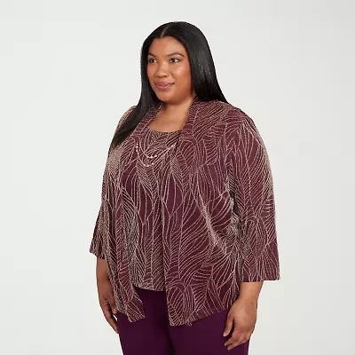 Alfred Dunner Urban Legend Womens Round Neck 3/4 Sleeve Plus Layered Top