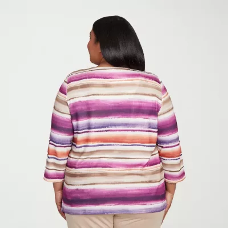 Alfred Dunner Urban Legend Womens Split Crew Neck 3/4 Sleeve Plus T-Shirt