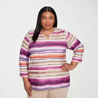 Alfred Dunner Urban Legend Womens Split Crew Neck 3/4 Sleeve Plus T-Shirt