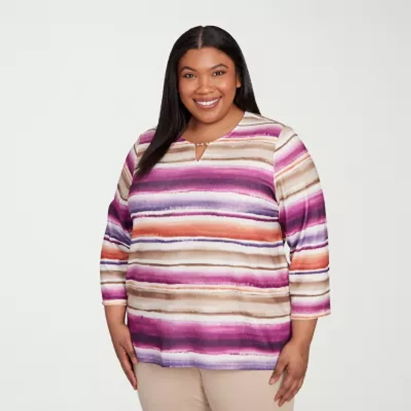Alfred Dunner Urban Legend Womens Split Crew Neck 3/4 Sleeve Plus T-Shirt