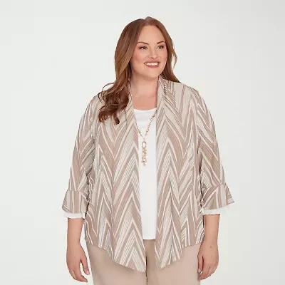 Alfred Dunner Urban Legend Womens Round Neck 3/4 Sleeve Plus Layered Top