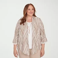 Alfred Dunner Urban Legend Womens Round Neck 3/4 Sleeve Plus Layered Top