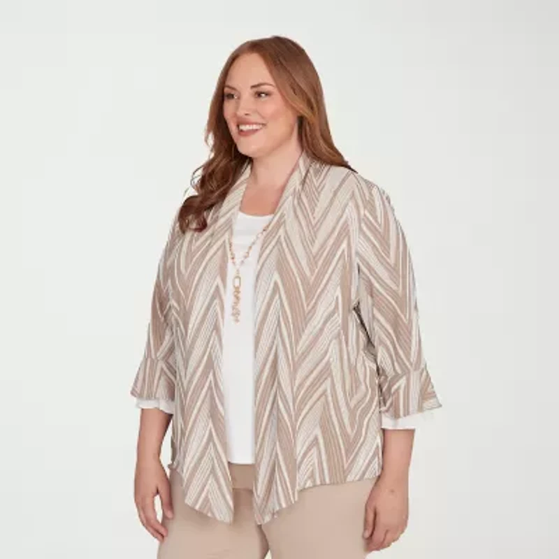 Alfred Dunner Urban Legend Womens Round Neck 3/4 Sleeve Plus Layered Top