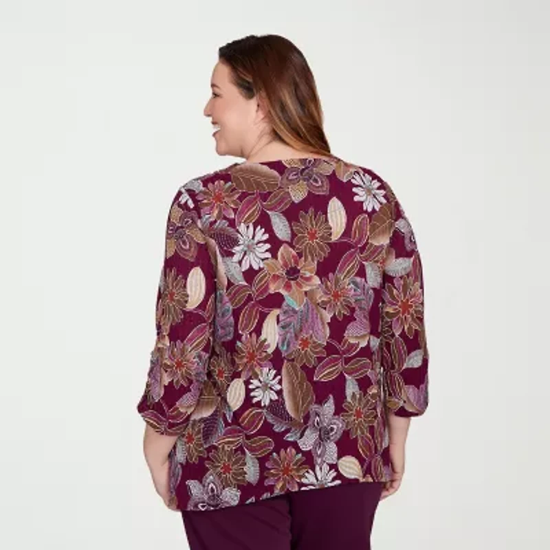 Alfred Dunner Urban Legend Womens Crew Neck 3/4 Sleeve Plus T-Shirt