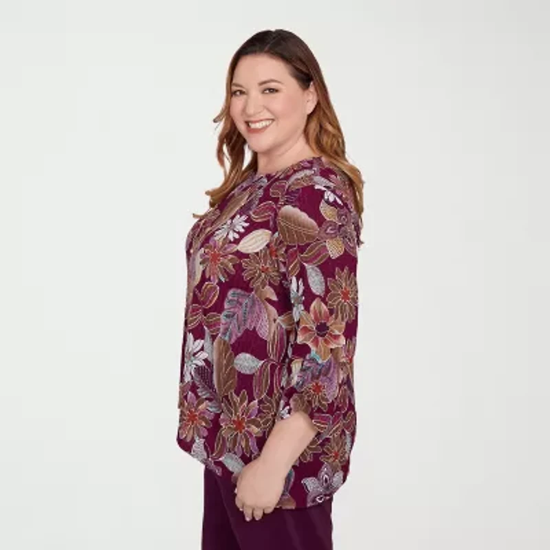 Alfred Dunner Urban Legend Womens Crew Neck 3/4 Sleeve Plus T-Shirt