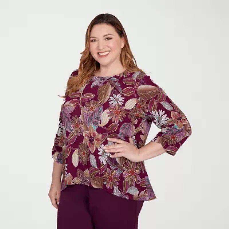 Alfred Dunner Urban Legend Womens Crew Neck 3/4 Sleeve Plus T-Shirt
