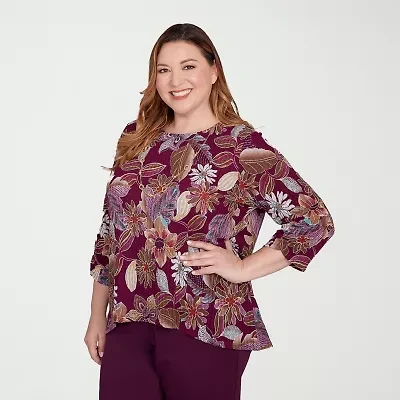 Alfred Dunner Urban Legend Womens Crew Neck 3/4 Sleeve Plus T-Shirt