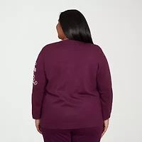 Alfred Dunner Plus Urban Legend Womens Crew Neck Long Sleeve Floral Pullover Sweater