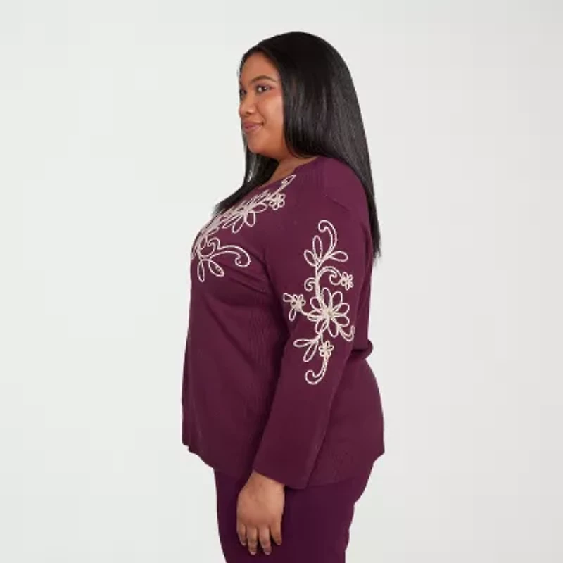Alfred Dunner Plus Urban Legend Womens Crew Neck Long Sleeve Floral Pullover Sweater