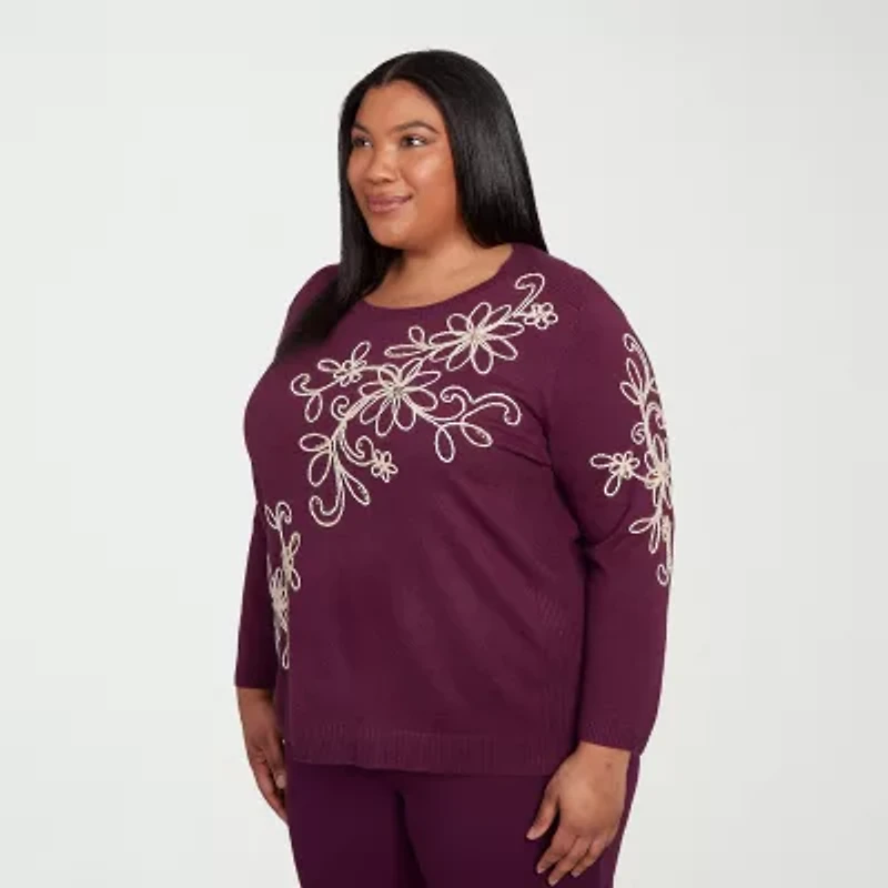 Alfred Dunner Plus Urban Legend Womens Crew Neck Long Sleeve Floral Pullover Sweater