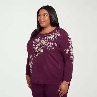 Alfred Dunner Plus Urban Legend Womens Crew Neck Long Sleeve Floral Pullover Sweater