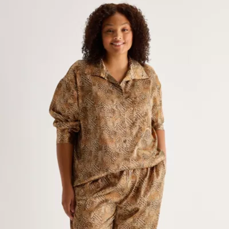 Ambrielle Womens Satin Long Sleeve 2-pc. Plus Pajama Sets