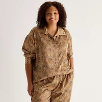 Ambrielle Womens Satin Long Sleeve 2-pc. Plus Pajama Sets