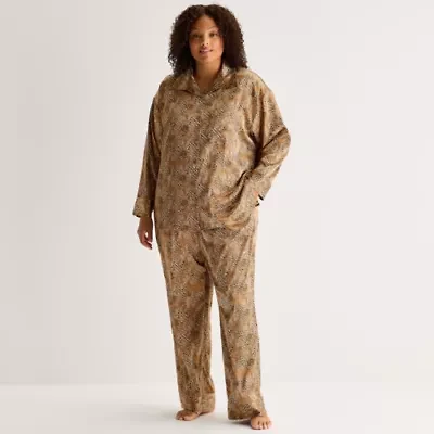 Ambrielle Womens Satin Long Sleeve 2-pc. Plus Pajama Sets