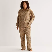 Ambrielle Womens Satin Long Sleeve 2-pc. Plus Pajama Sets