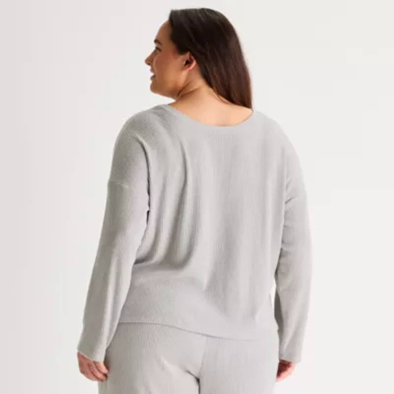 Ambrielle Womens Rib V Neck Long Sleeve Plus Pajama Top