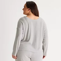 Ambrielle Womens Rib V Neck Long Sleeve Plus Pajama Top